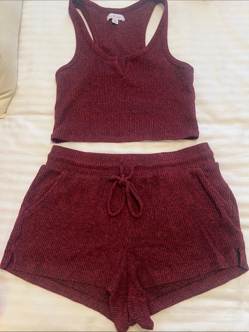 Colsie Ribbed Tank and Drawstring Shorts Set - Burgundy